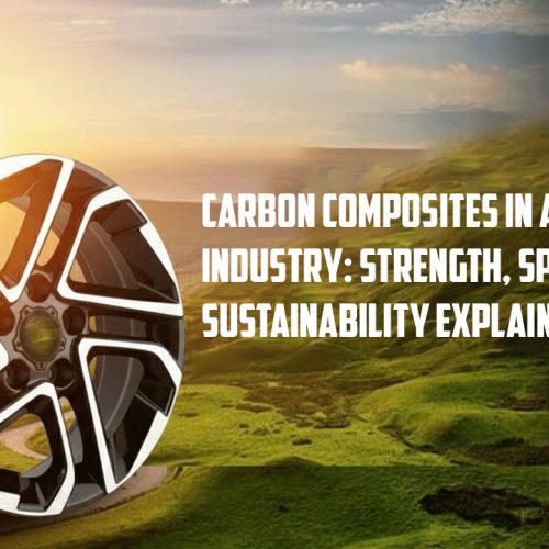 Carbon composite automotive wheel showcasing lightweight strength and sustainability in a scenic backdrop.