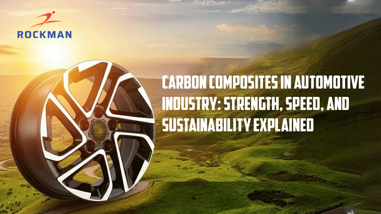 Carbon composite automotive wheel showcasing lightweight strength and sustainability in a scenic backdrop.