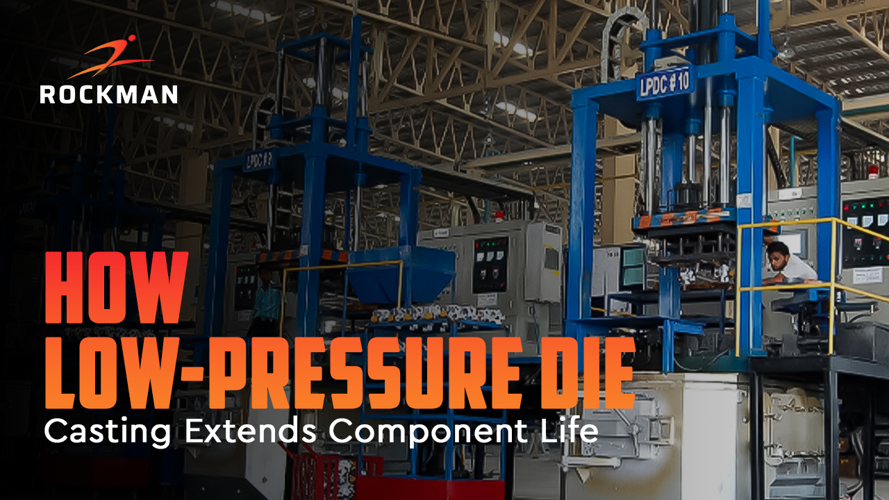 Rockman Industries low-pressure die casting process inside manufacturing plant, showing advanced LPDC machinery and component production.